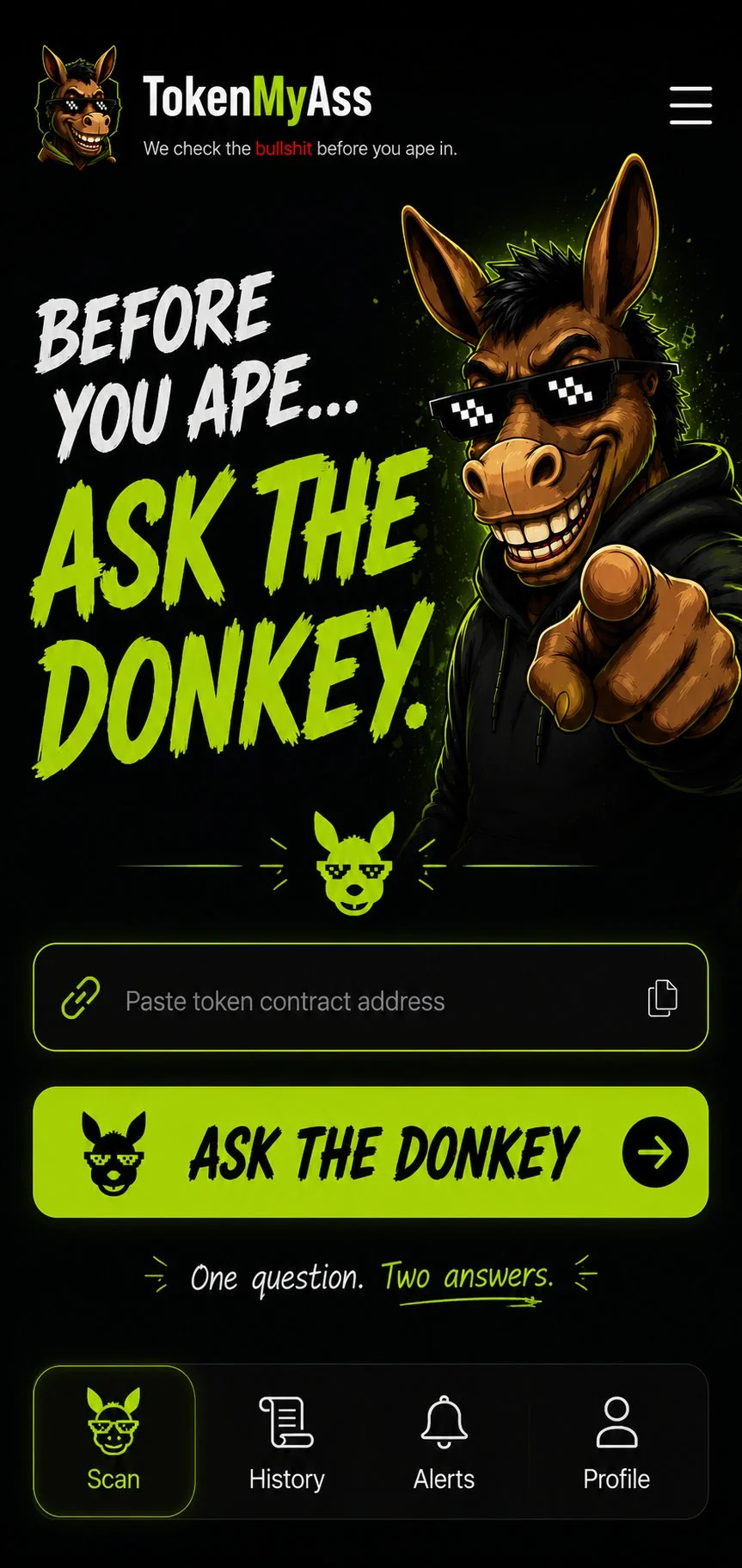 TokenMyAss app home screen: a field to paste the contract address and an Ask the Donkey button